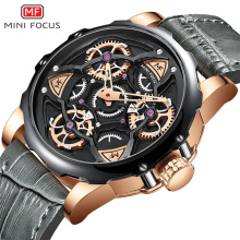 MINI FOCUS 0249 G Top Brand Leather Strap Men Watches Stereo Carving Hollow Dial Gear Gyro Rotating Wheels Dial Men Watch